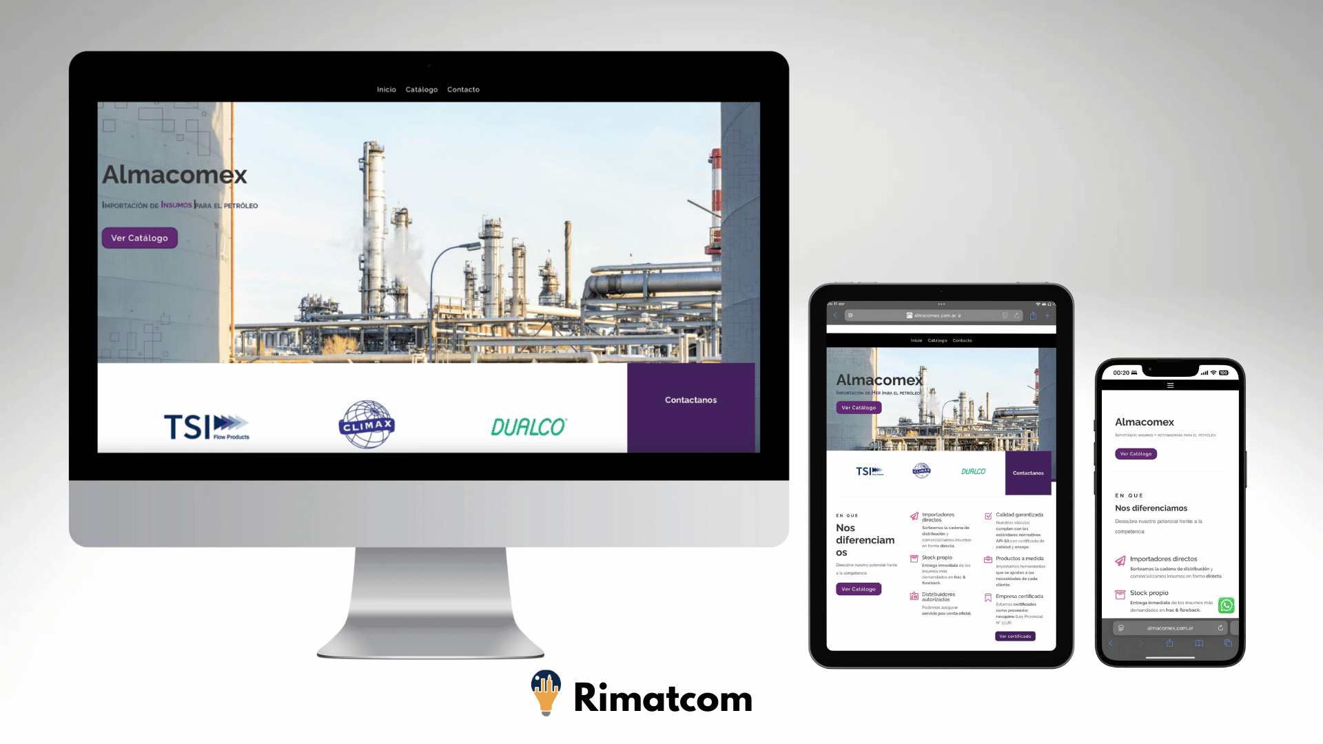 Diseño web de Almacomex en computadora, tablet y celular